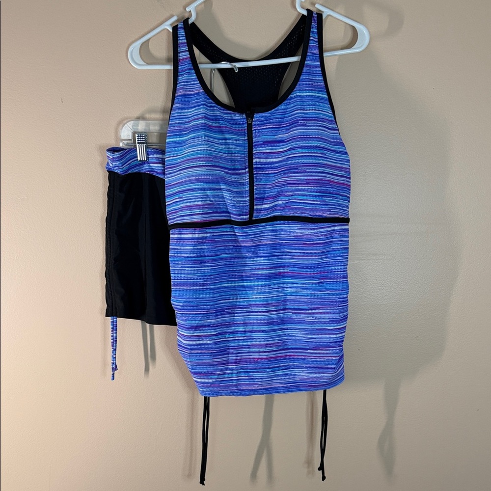 Striped Blue & Purple Tankini Set with Zip Front